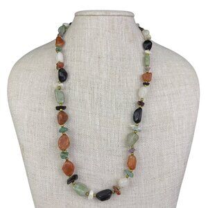 Multicolor Semi-Precious Gemstone Bead Necklace With Brass Accents Handmade OS